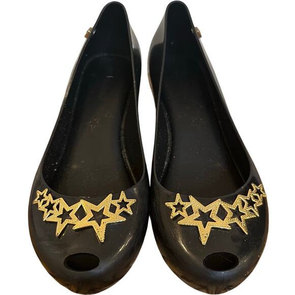 Mini Melissa Ultra Girl Star Flats sz 2 Girl's Black Flats Gold Star - Picture 1 of 6